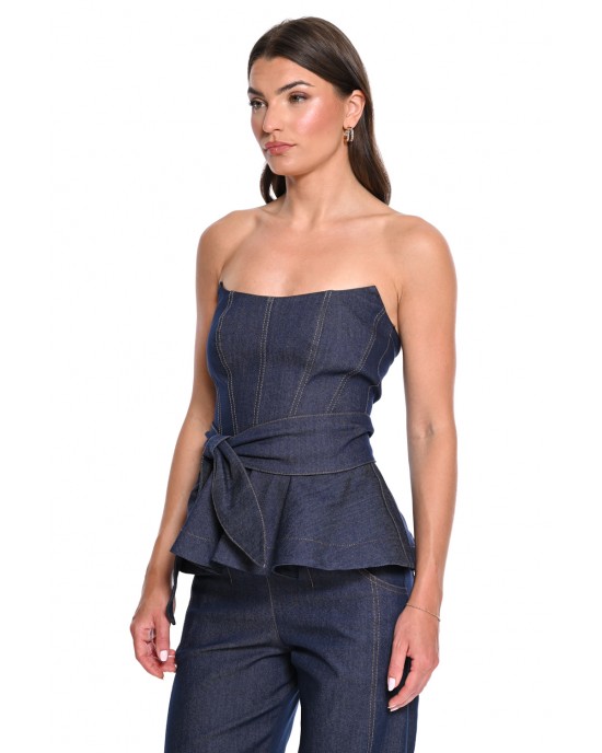We Coss Denim Set Strapless Top & Flared Παντελόνι