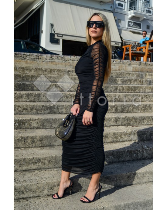 Zoya Tulle See Through Black Midi Φόρεμα