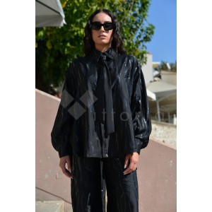 Zoya Vinyl Detailed Black/Black With Tie Oversized Πουκάμισο