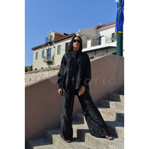 Zoya Vinyl Detailed Black/Black With Tie Oversized Πουκάμισο