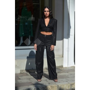 Zoya Silver Stripe High Waist Wide Leg Cargo Black Παντελόνι