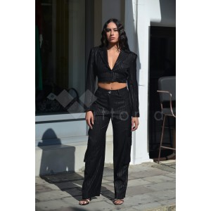 Zoya Silver Stripe High Waist Wide Leg Cargo Black Παντελόνι