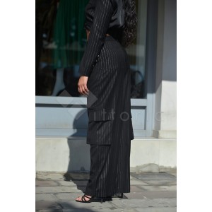 Zoya Silver Stripe High Waist Wide Leg Cargo Black Παντελόνι