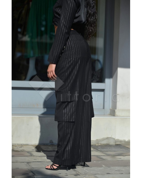 Zoya Silver Stripe High Waist Wide Leg Cargo Black Παντελόνι