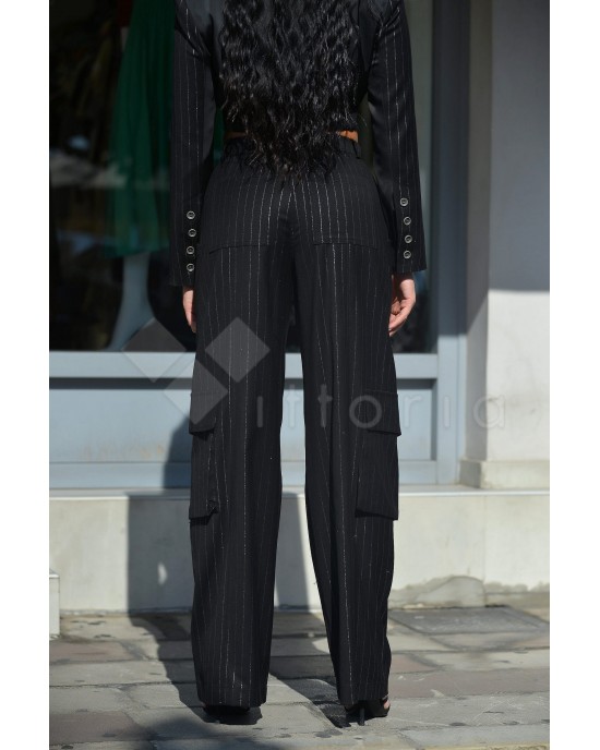 Zoya Silver Stripe High Waist Wide Leg Cargo Black Παντελόνι