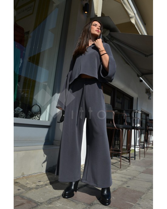 Zoya Elastic High Waist Wide Leg Coal Παντελόνι