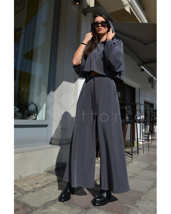 Zoya Elastic High Waist Wide Leg Coal Παντελόνι