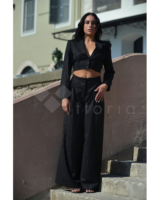 Zoya Silver Stripe High Waist Wide Leg Black Παντελόνι