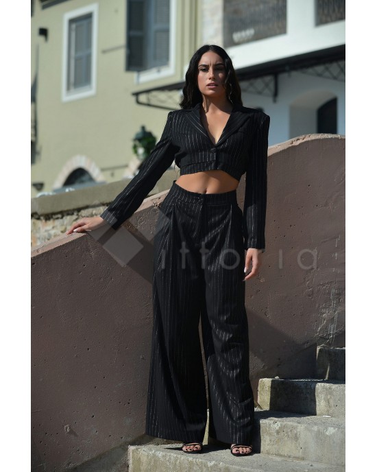 Zoya Silver Stripe High Waist Wide Leg Black Παντελόνι