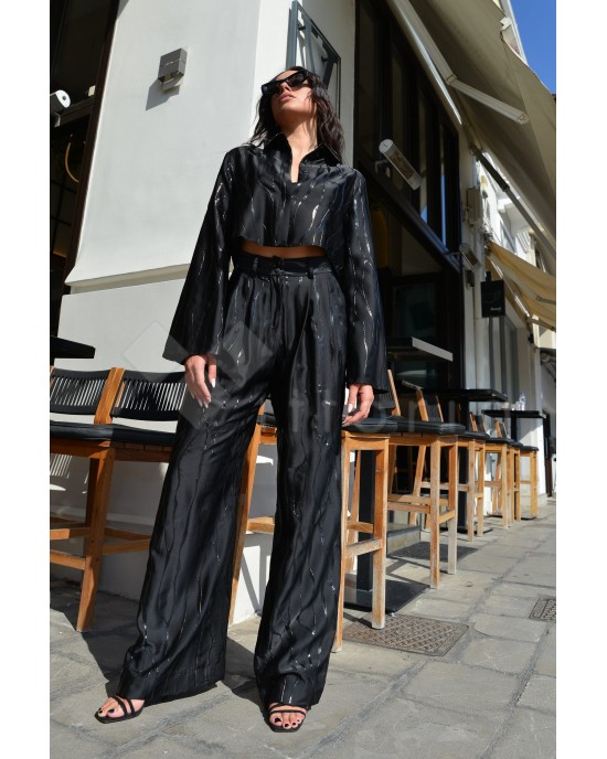 Zoya Vinyl Detailed Belted High Waist Wide Leg Black/Black Παντελόνι