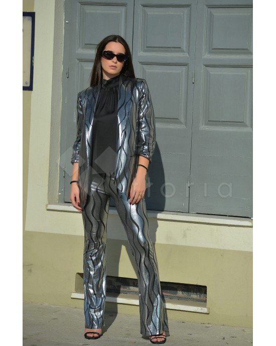 Zoya Metallic Printed Silver High Waist Bootcut Παντελόνι