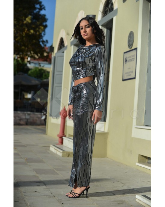 Zoya Metallic Printed Silver Slit Maxi Φούστα