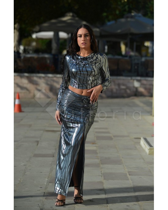 Zoya Metallic Printed Silver Slit Maxi Φούστα