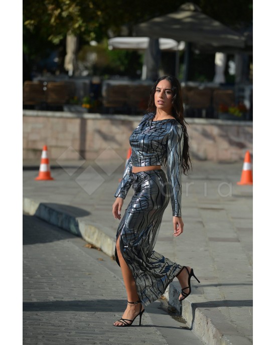 Zoya Metallic Printed Silver Slit Maxi Φούστα