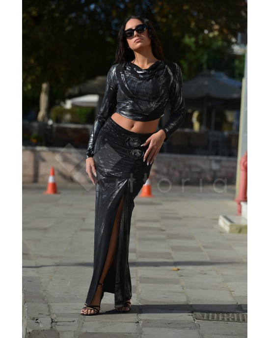 Zoya Metallic Printed Black/Silver Slit Maxi Φούστα