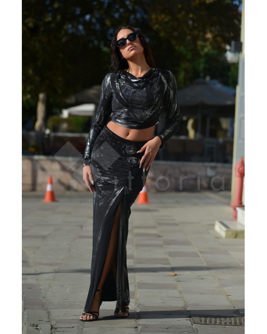 Zoya Metallic Printed Black/Silver Slit Maxi Φούστα