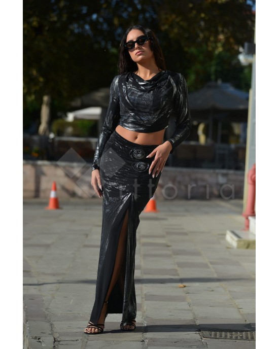 Zoya Metallic Printed Black/Silver Slit Maxi Φούστα