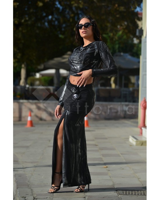 Zoya Metallic Printed Black/Silver Slit Maxi Φούστα