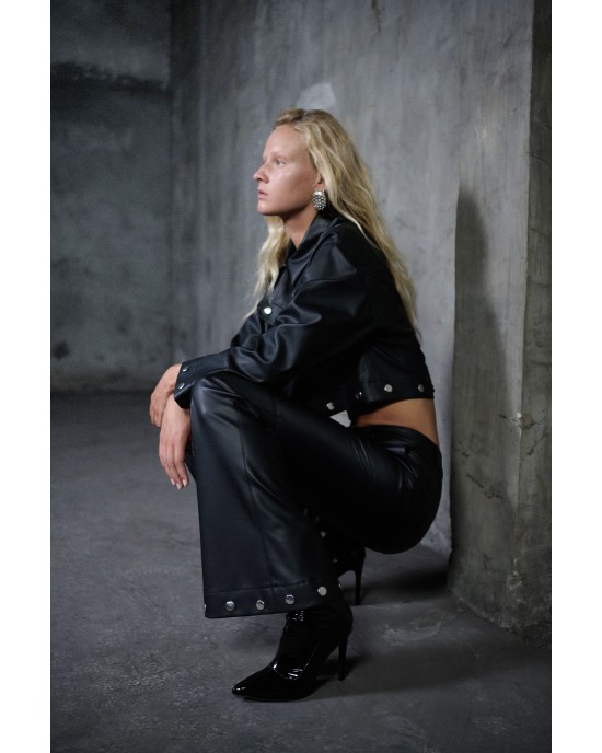 Zoya Faux Leather Buttons Black Πουκάμισο