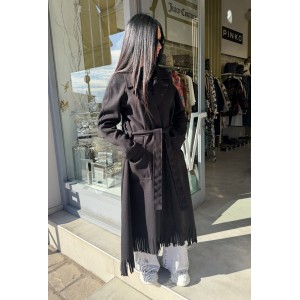 Zoya Fringed Belted Long Black Παλτό