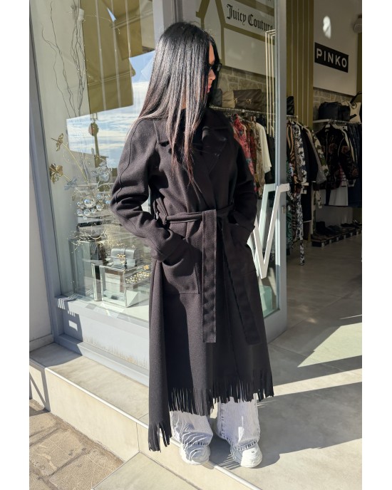 Zoya Fringed Belted Long Black Παλτό