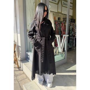 Zoya Fringed Belted Long Black Παλτό