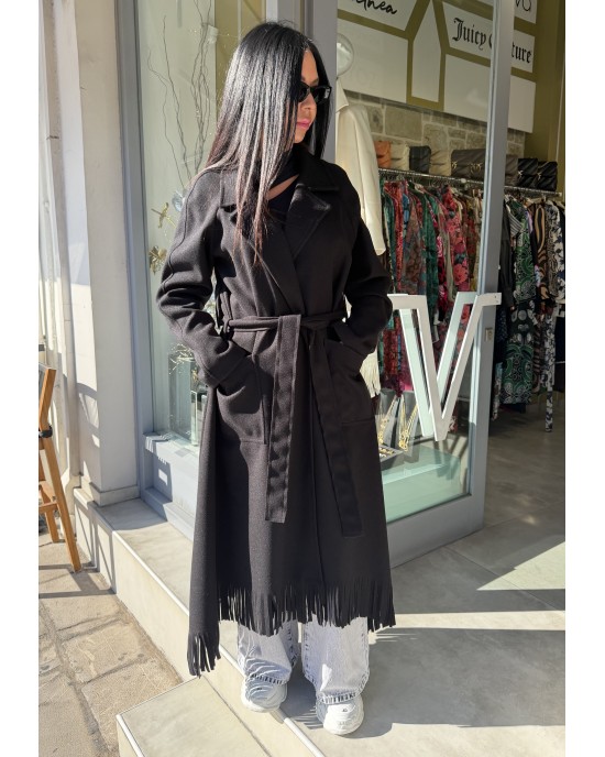 Zoya Fringed Belted Long Black Παλτό