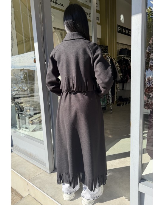 Zoya Fringed Belted Long Black Παλτό