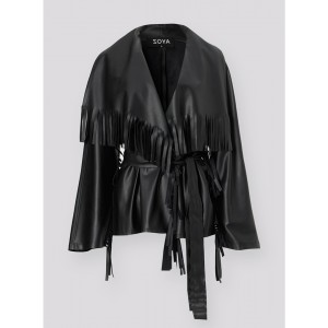 Zoya Fringed Belted Faux Leather Short Black Παλτό Zoya Fringed Belted Faux Leather Short Black Παλτό