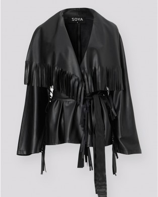 Zoya Fringed Belted Faux Leather Short Black Παλτό