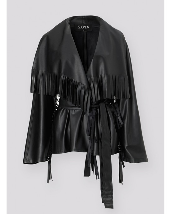 Zoya Fringed Belted Faux Leather Short Black Παλτό Zoya Fringed Belted Faux Leather Short Black Παλτό
