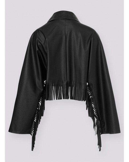 Zoya Fringed Belted Faux Leather Short Black Παλτό Zoya Fringed Belted Faux Leather Short Black Παλτό
