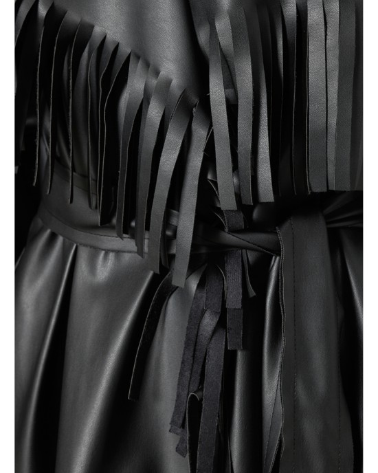 Zoya Fringed Belted Faux Leather Short Black Παλτό Zoya Fringed Belted Faux Leather Short Black Παλτό