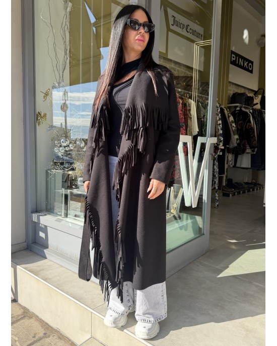 Zoya Fringed Belted Long Black Παλτό
