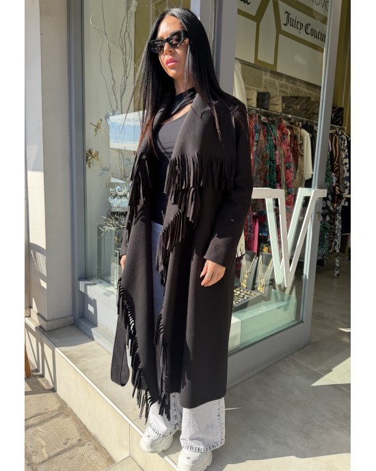 Zoya Fringed Belted Long Black Παλτό