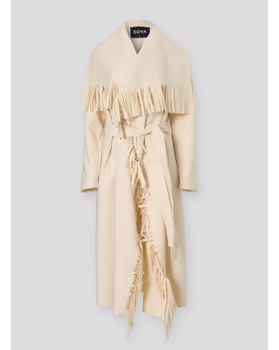 Zoya Fringed Belted Long Vanilla Παλτό