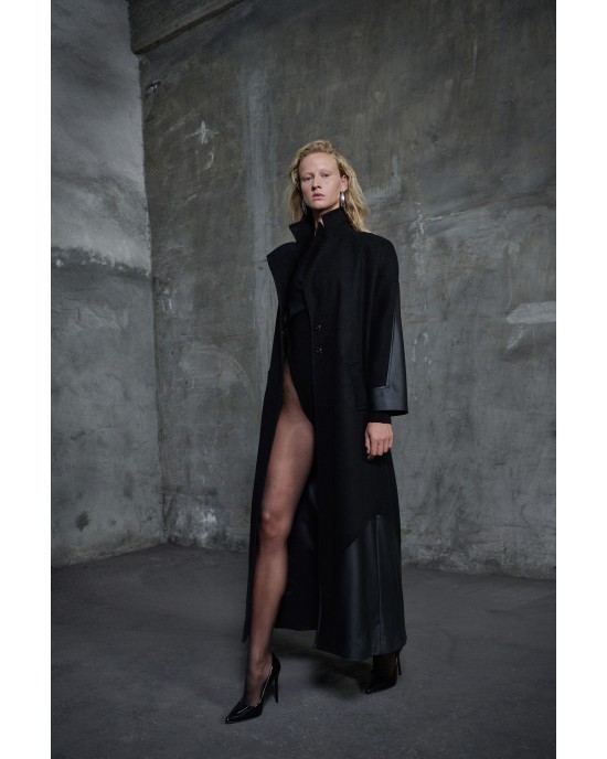 Zoya Faux Leather Details Black Μακρύ Παλτό