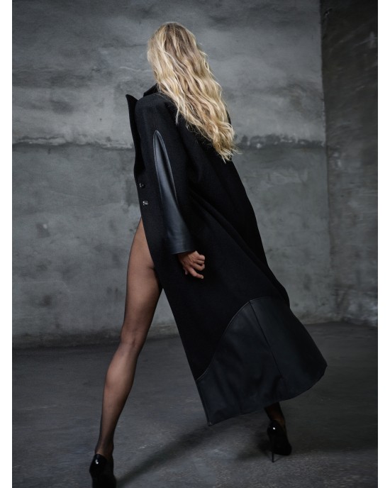 Zoya Faux Leather Details Black Μακρύ Παλτό