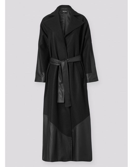 Zoya Faux Leather Details Black Μακρύ Παλτό