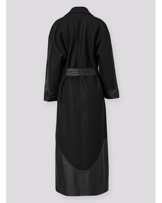 Zoya Faux Leather Details Black Μακρύ Παλτό