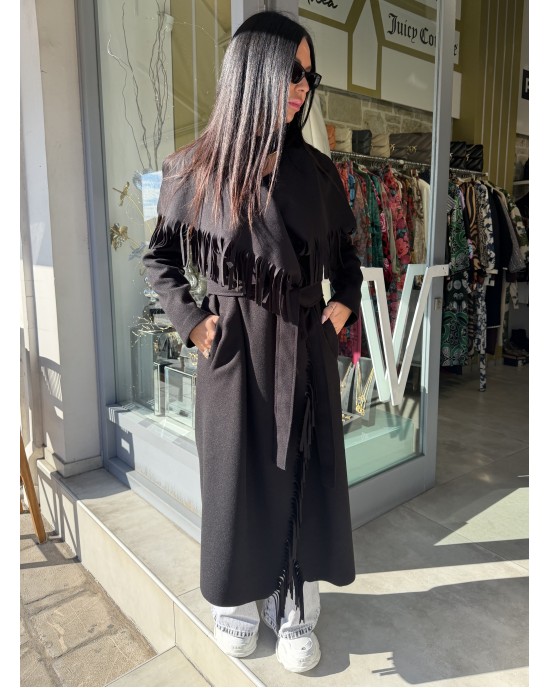 Zoya Fringed Belted Long Black Παλτό