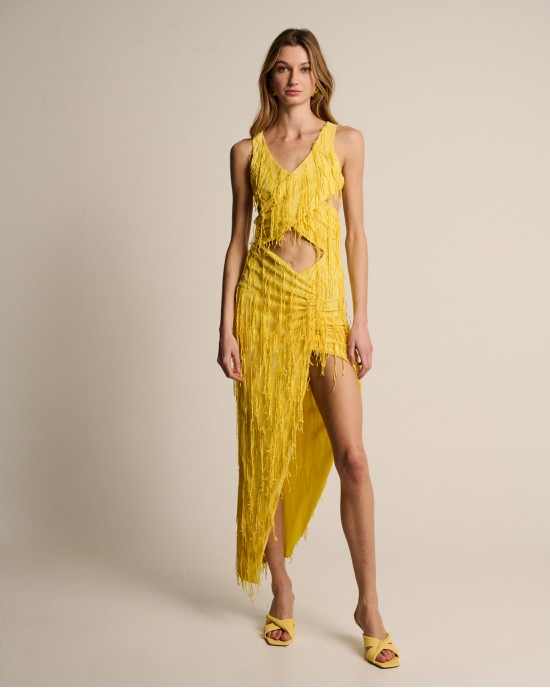 Zoya Sequined Fringes Yellow Midi Φόρεμα