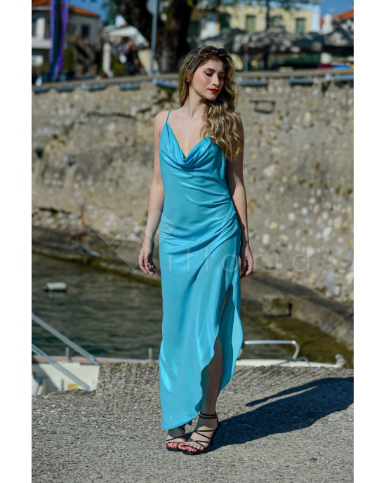 Zoya Drape Open Back Turquoise Midi Φόρεμα