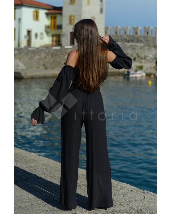 Zoya Gauze Crop Top & Παντελόνι Με Ανοίγματα Με Βολάν Μαύρο