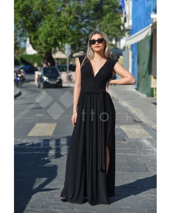 Zoya Sleeveless Ruffles Belted Maxi Black Φόρεμα