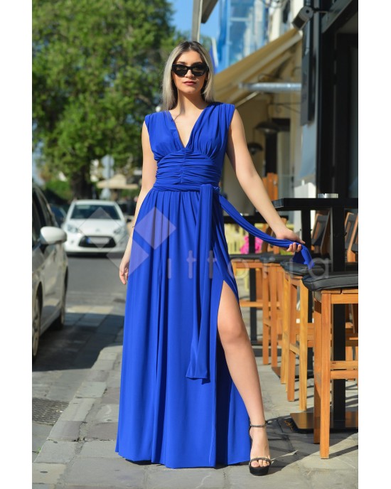 Zoya Sleeveless Ruffles Belted Maxi Roua Blue Φόρεμα