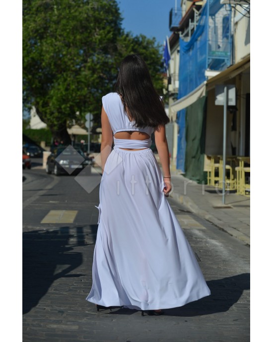 Zoya Sleeveless Ruffles Belted Maxi White Φόρεμα