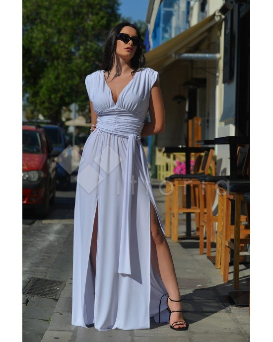 Zoya Sleeveless Ruffles Belted Maxi White Φόρεμα