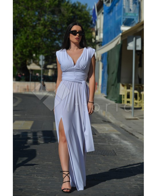 Zoya Sleeveless Ruffles Belted Maxi White Φόρεμα