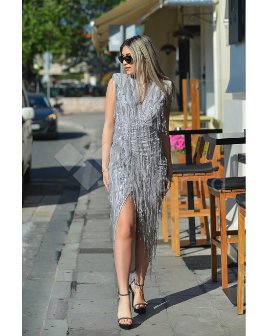 Zoya Sequined Fringes Sleeveless Silver Midi Φόρεμα